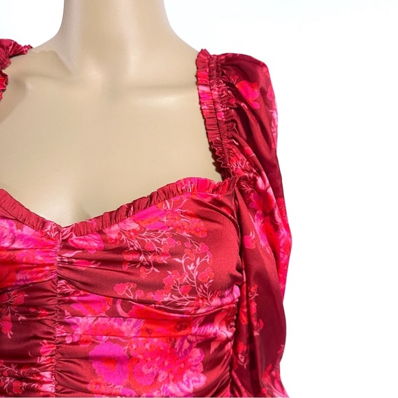 NEW For Love And Lemons Red Floral Print  Ruched Puff Sleeve Bodysuit Blouse XS - Picture 5 of 15